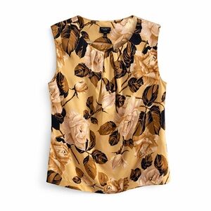 Talbots Silk Floral Sleeveless Blouse Neutral Tan Black Size 10